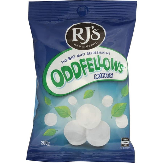RJ’s Oddfellows Mints 200g bag of large round white peppermint lollies from New Zealand