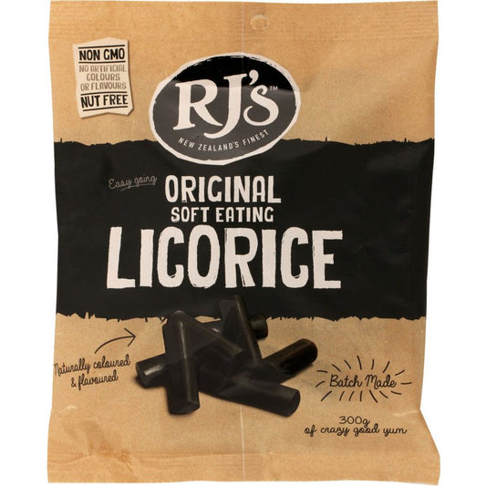 RJs Original Soft Eating Natural Black Licorice 300g bag containing soft traditional New Zealand black licorice twists