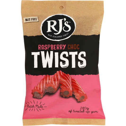 RJ’s Raspberry Licorice Twists 280g bag featuring soft red licorice logs filled with smooth milk chocolate.