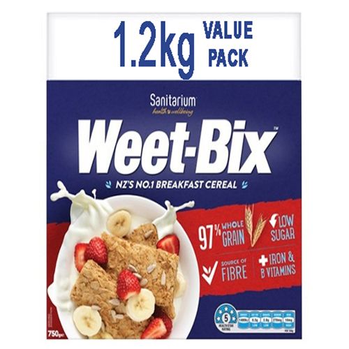 Sanitarium Weet-Bix 1.2kg value pack showing the iconic blue box with high fibre and low sugar nutritional benefits for a healthy New Zealand breakfast.