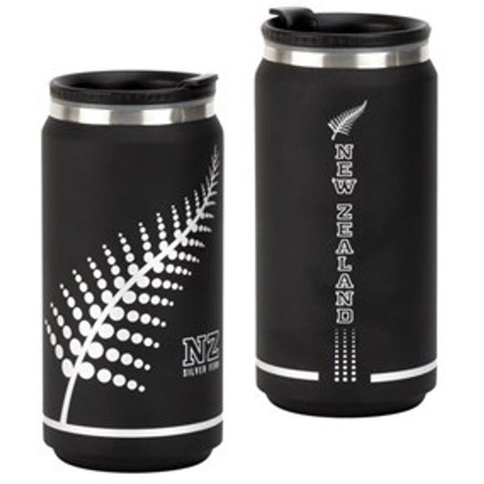 Silver Fern Kiwi Pride 350ml stainless steel double-walled metal travel mug in black with a leak-proof lid.