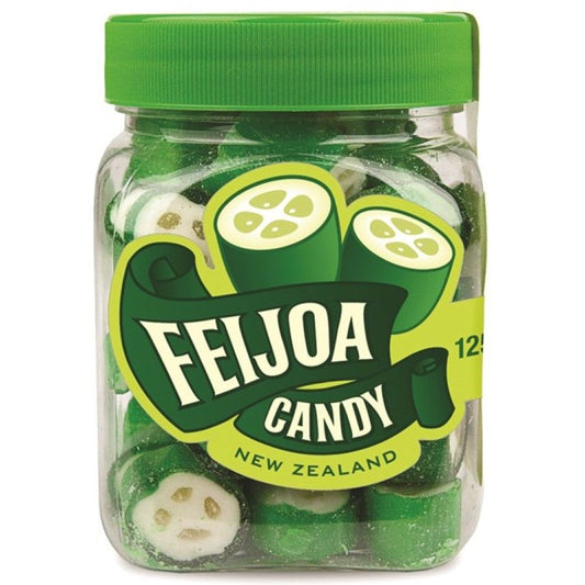 Sweets Feijoa Rock Candy 125g jar featuring green and white striped hard boiled candies with authentic New Zealand feijoa flavor