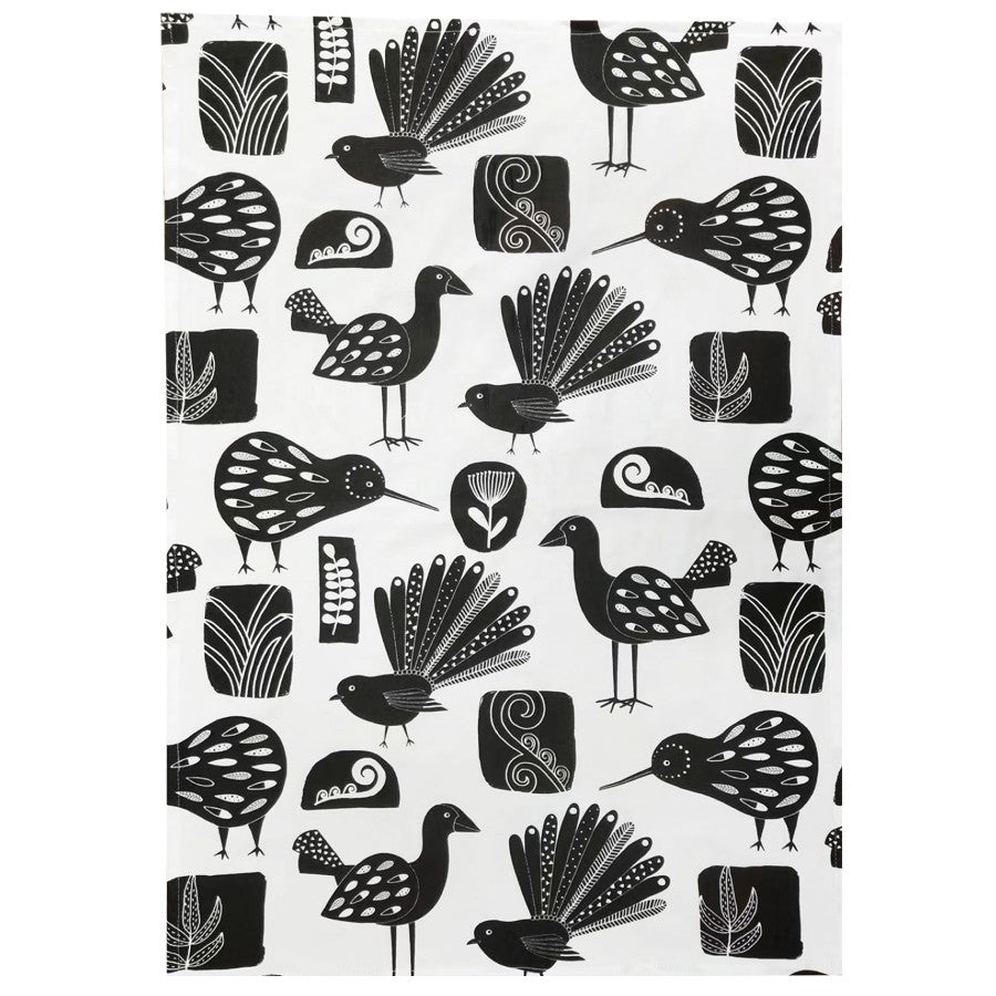 Tea Towel NZ Birds Black on White