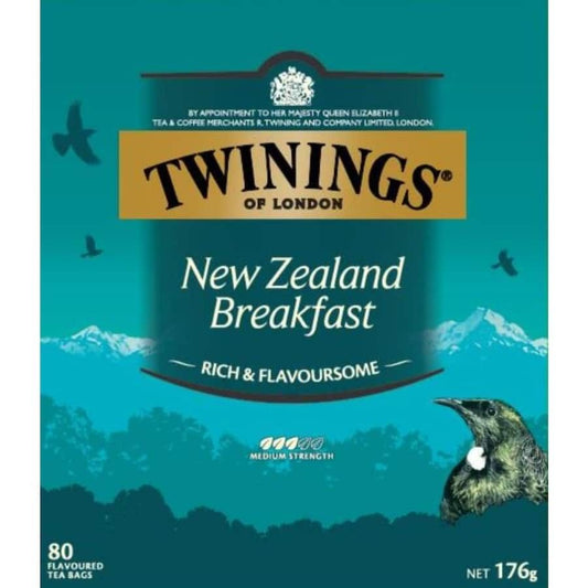 Box of Twinings New Zealand Breakfast Tea bags 80 pack 176g showing the iconic blue packaging and tea cup.