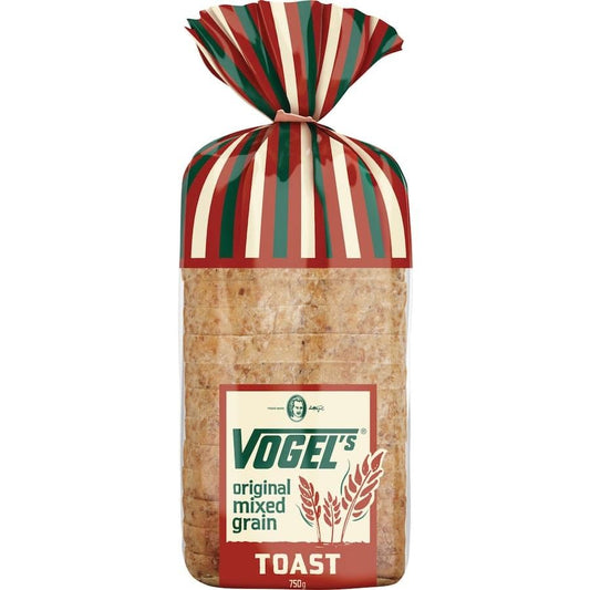 Vogels Original Mixed Grain Toast Bread loaf featuring a dense texture and various nutritious grains baked to a traditional Swiss recipe.