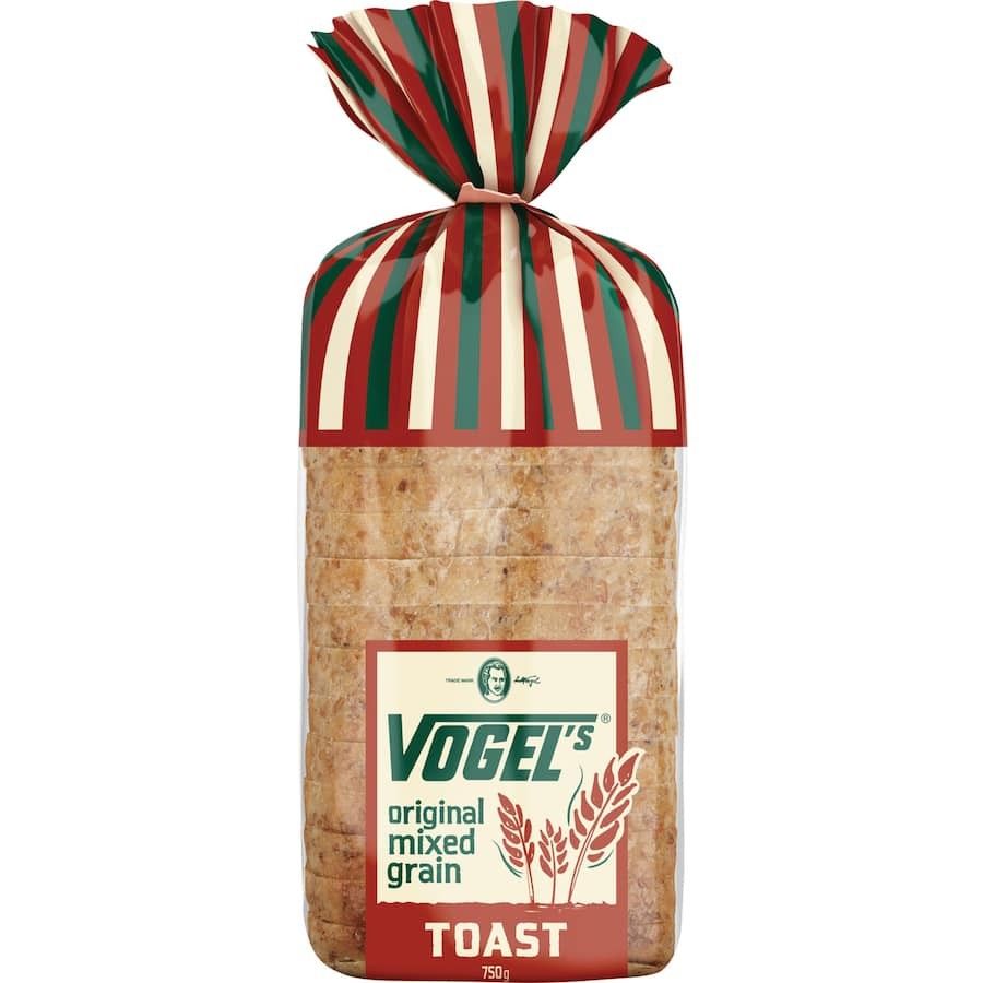 Vogels Original Mixed Grain Toast Bread loaf featuring a dense texture and various nutritious grains baked to a traditional Swiss recipe.