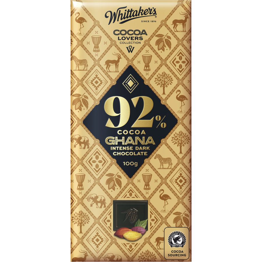 Whittaker’s Cocoa Lovers 92% Ghana Intense Dark Chocolate 100g bar featuring premium batch-roasted Ghanaian cocoa beans.
