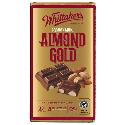 Whittaker’s Almond Gold Chocolate Block 250g featuring premium New Zealand milk chocolate and whole roasted almonds in iconic gold packaging.