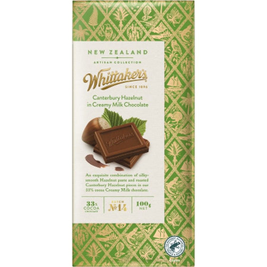 Whittakers Artisan Collection Canterbury Hazelnut Creamy Milk Chocolate 100g block featuring premium New Zealand milk chocolate blended with roasted hazelnut pieces
