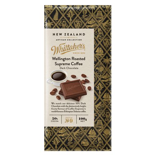 Whittaker's Artisan Collection Wellington Roasted Coffee Supreme dark chocolate 100g block with 50 percent cocoa and roasted coffee beans.
