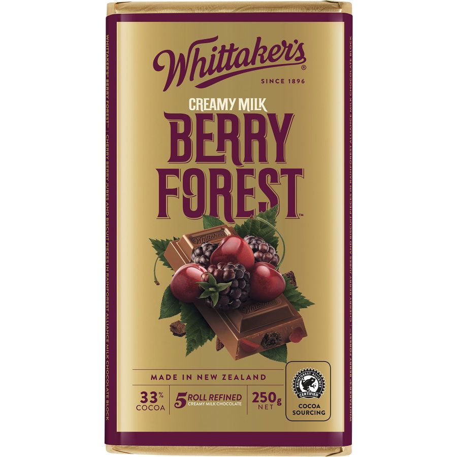 Whittaker's Berry Forest milk chocolate block 250g featuring chewy berry pieces and biscuit highlights for New Zealand snack lovers.
