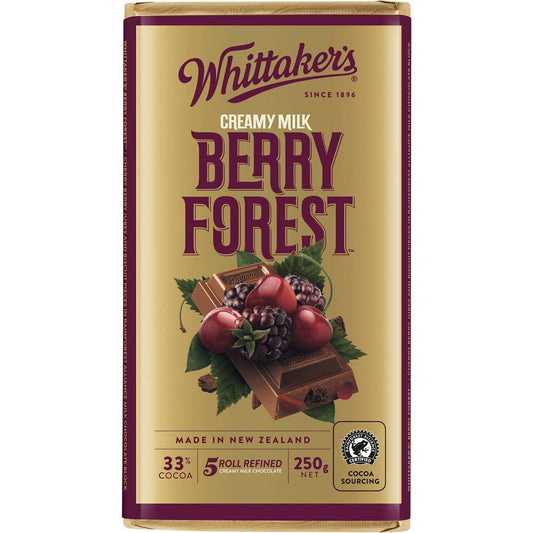 Whittaker's Berry Forest milk chocolate block 250g featuring chewy berry pieces and biscuit highlights for New Zealand snack lovers.
