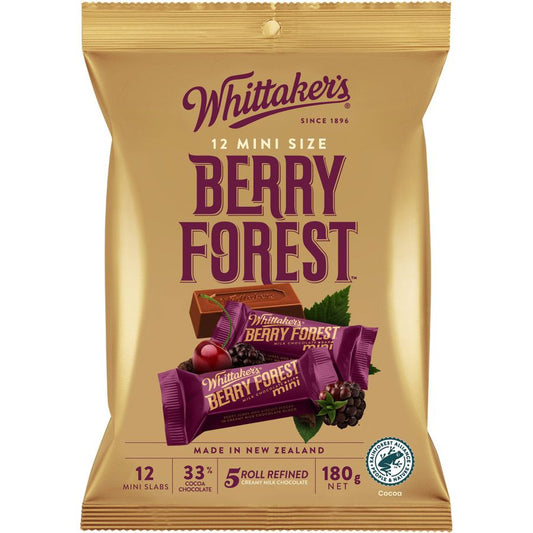 Whittaker's Berry Forest Mini Slabs 180g share bag containing 12 individually wrapped New Zealand milk chocolate bars with chewy berry pieces.
