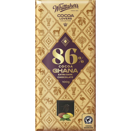 Whittaker's Cocoa Lovers 86 percent Ghana Extra Dark Chocolate 100g block of intense New Zealand dark chocolate.
