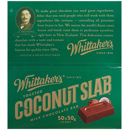 Whittakers Coconut Slab 50g bulk box of 50 bars featuring New Zealand milk chocolate and toasted coconut pieces
