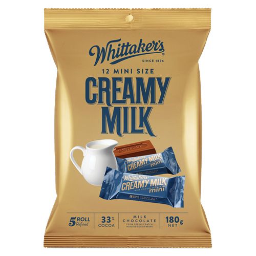 Whittaker’s Creamy Milk Mini Slab Sharepack 180g featuring 12 individually wrapped bite-sized New Zealand milk chocolate bars.
