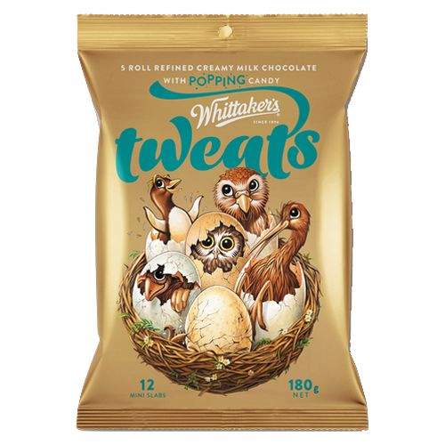 Whittaker’s Creamy Milk Chocolate Mini Tweats 180g share pack featuring 12 individually wrapped mini slabs of premium New Zealand milk chocolate.
