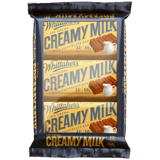 Whittaker's Creamy Milk Slab 3 Pack featuring three individually wrapped bars of premium New Zealand milk chocolate.
