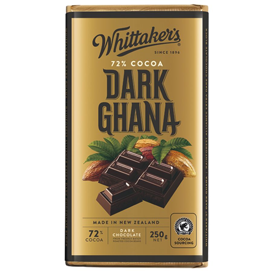 Whittaker’s 72% Dark Ghana chocolate block 250g in gold and brown packaging featuring single origin Ghanaian cocoa beans.