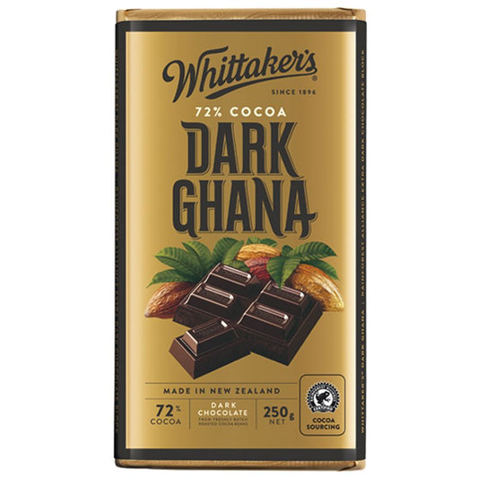 Whittaker’s 72% Dark Ghana chocolate block 250g in gold and brown packaging featuring single origin Ghanaian cocoa beans.