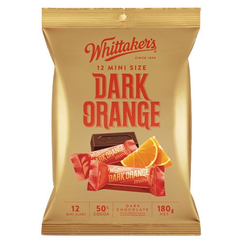 Whittaker’s Dark Orange Chocolate Mini Slabs 180g share bag featuring 12 individually wrapped New Zealand dark chocolate pieces with orange oil.
