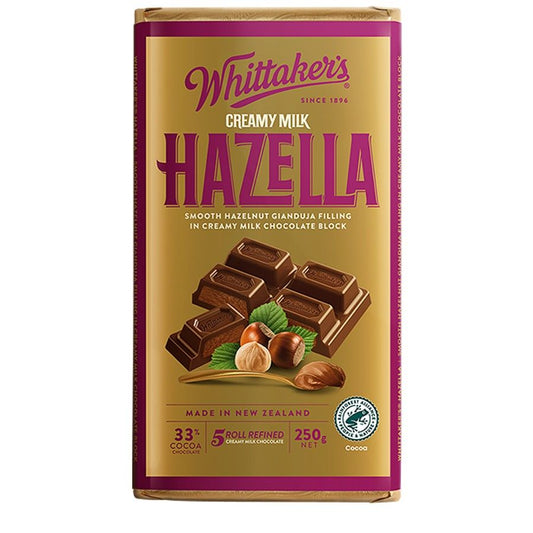 Whittaker’s Hazella Chocolate Block 250g featuring smooth milk chocolate filled with luscious roasted hazelnut gianduja in a gold wrapper.