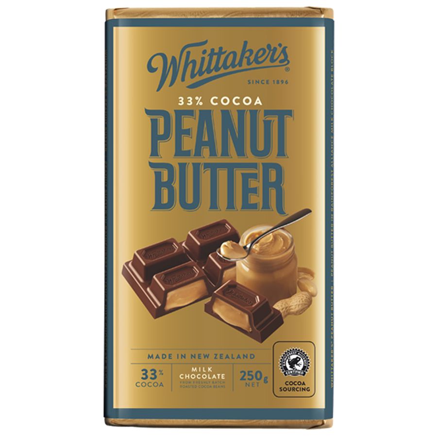 Whittaker’s Peanut Butter Chocolate Block 250g showing gold foil packaging with smooth New Zealand milk chocolate filled with creamy peanut butter
