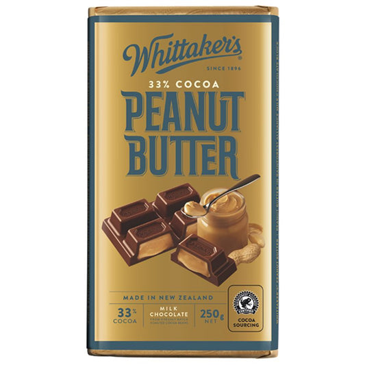 Whittaker’s Peanut Butter Chocolate Block 250g showing gold foil packaging with smooth New Zealand milk chocolate filled with creamy peanut butter
