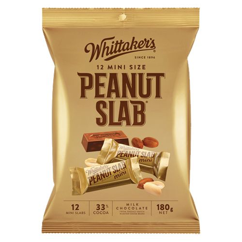 Whittaker’s Peanut Slab Mini Slabs 180g share bag featuring 12 individually wrapped New Zealand milk chocolate bars with crunchy roasted peanuts.
